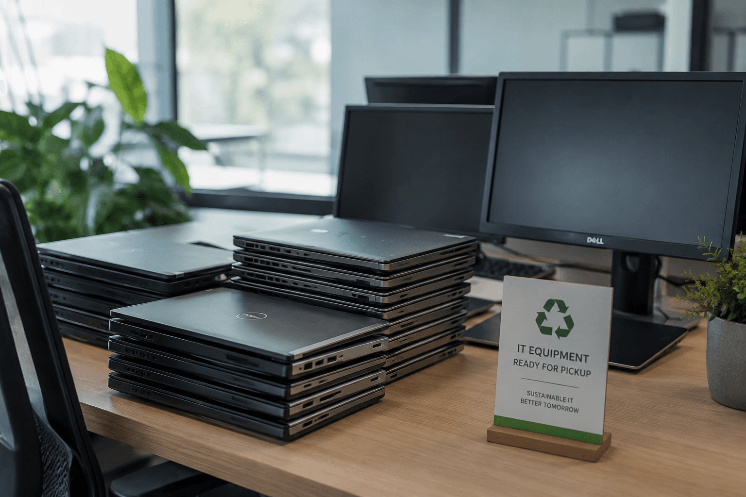 Corporate laptops and monitors staged for pickup